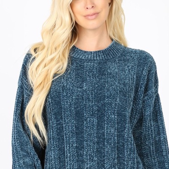 Zen Teal Blue Long Sleeve Cozy Chenille Sweater - Picture 3 of 5